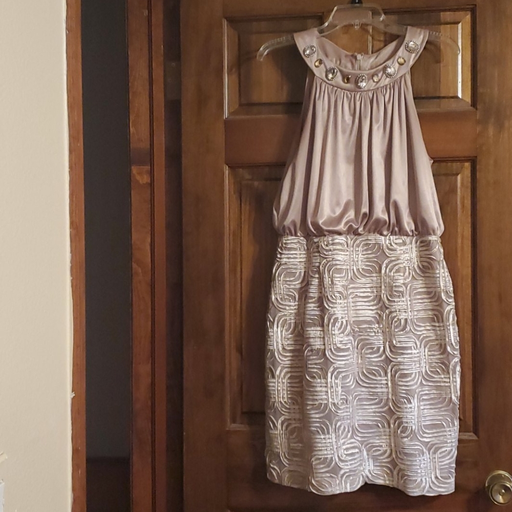 Gold cocktail dress.
